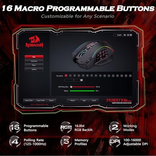 Redragon Wireless Gaming Mouse, MMO Gaming Mouse UP 16,000 DPI, 16 Macro Programmable Buttons, RGB Rechargeable with 12 Si...
