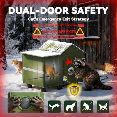 Heated Cat Shelter for Outside, Large Outdoor Cat House with Roof Window and Cozy Cushion, Weatherproof Foldable and Easy ...