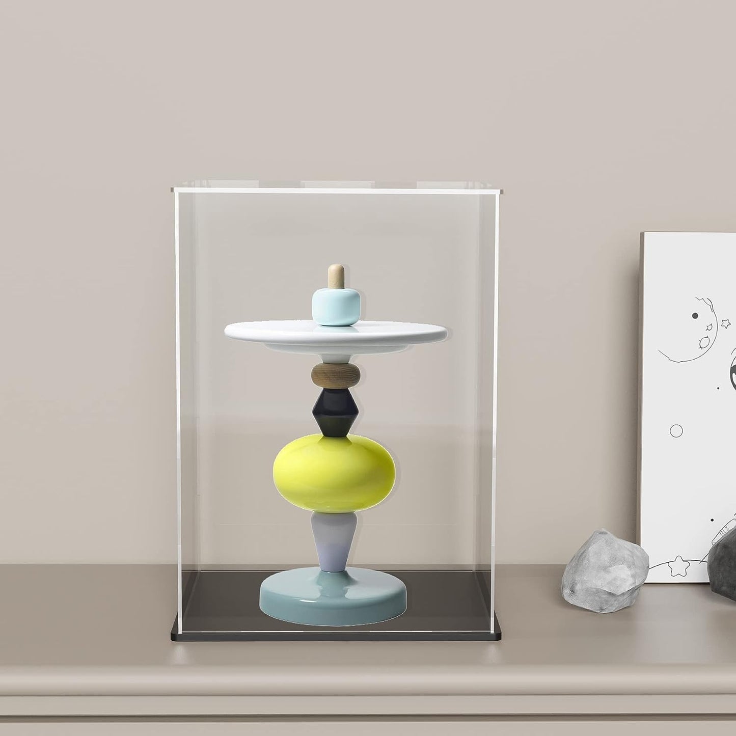 Acrylic Box with Matt Black Base, Simple Self-Assembly Clear Acrylic Display Case, Portrait Format Showcase with Lid for Collectibles, Toys and Jewelry (9x9x13 inch)