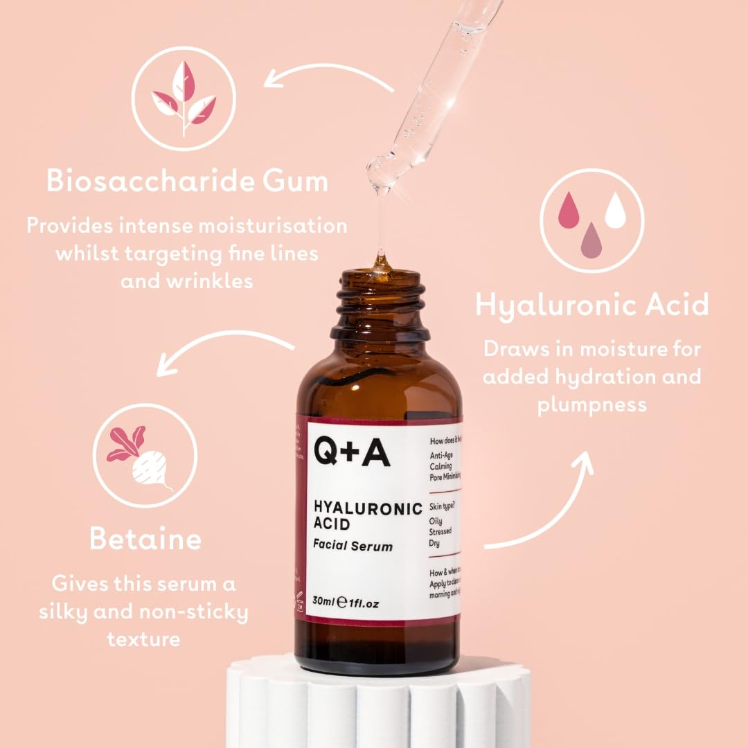 Q+A Hyaluronic Acid Facial Serum. A hydrating Hyaluronic Acid serum for healthy and plump skin. 30ml/1fl.oz
