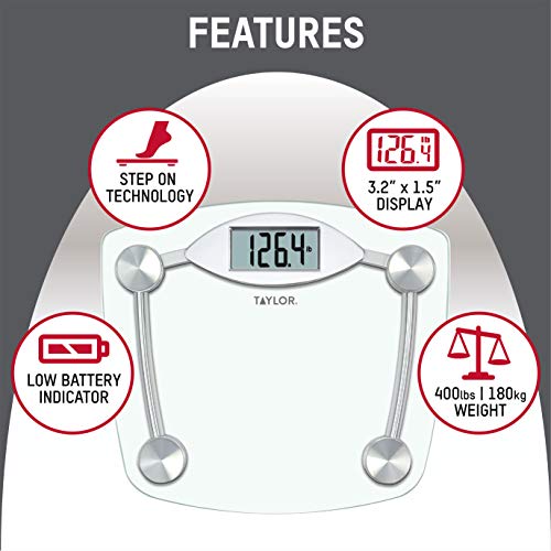 Taylor Digital Bathroom Scale, Body Weight Scale, Instant On and Off, 400 lb Capacity, Sturdy Clear Glass with Chrome-Fini...