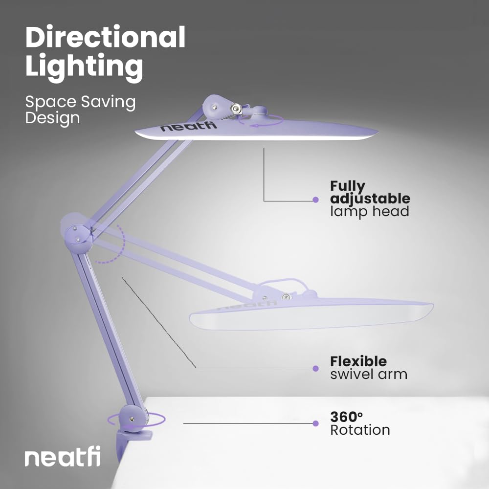 Neatfi Xl 2 200 Lumens Led Task Lamp  24W  117 Pcs Smd Led  Dimmable  4 Level Brightness  3 Light Modes  Desk Light For Home  Office  Workbench (Cct  Lavender)