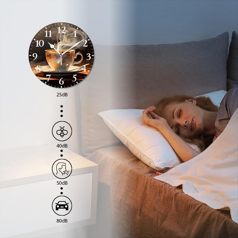 Coffee Wall Clock Non-Ticking Silent Clocks Battery Operated Analog Decor Clock for Home-Steaming Cup of Coffee On The Table(12inch)