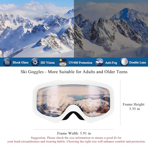 Karsaer Ski Goggles Anti-Fog Snow Goggles OTG 100% UV Protection Snowboard Goggles Bendable Dual-Lenses for Men Women Youth