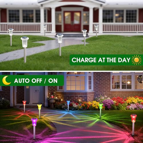 Eyrosa Solar Outdoor Lights, 10 Pack Solar Pathway Lights Outdoor Waterproof, Stainless Steel Stake Lighting for Garden Ya...