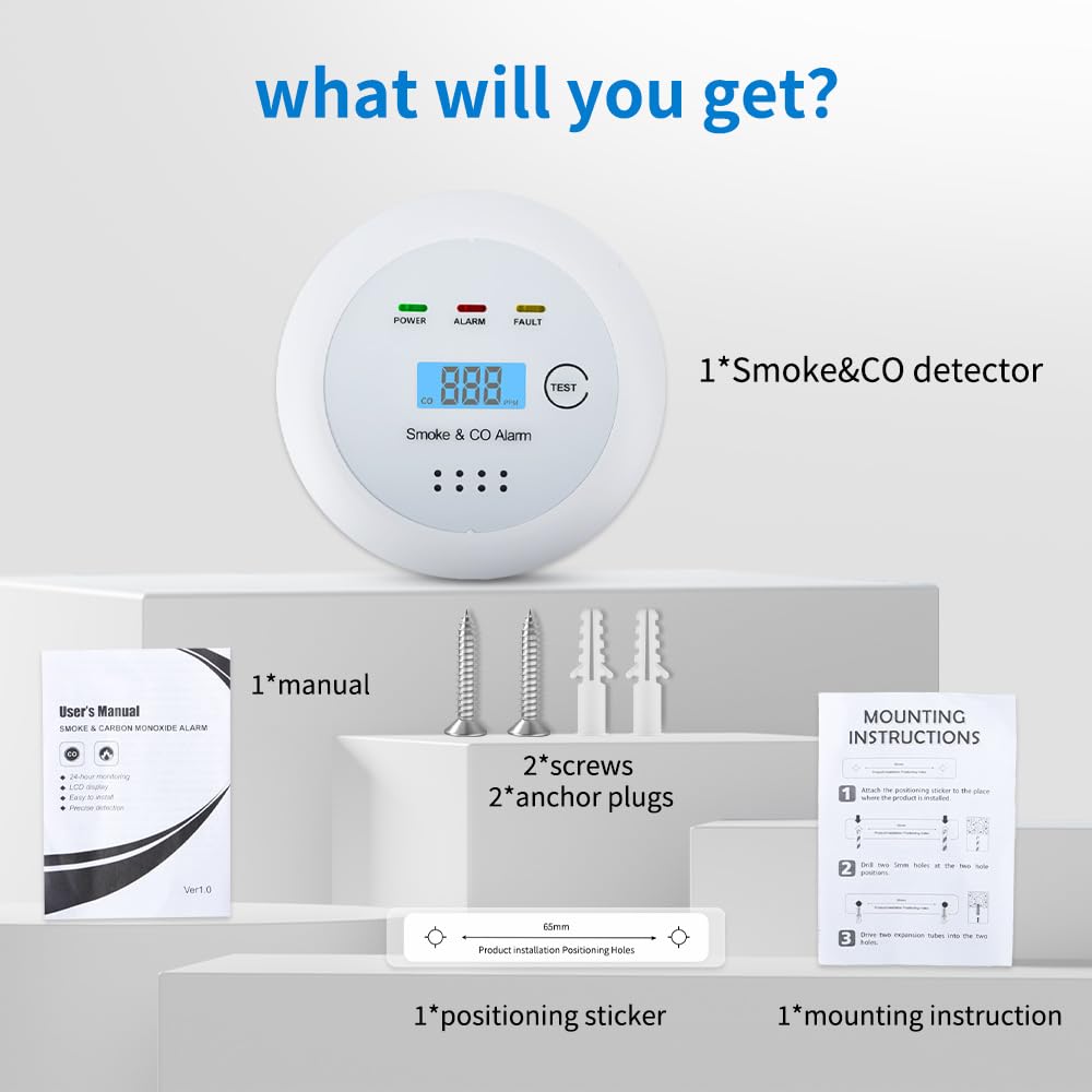 2 in1 Smoke Detector Carbon Monoxide Detector Combo,with LCD Digital Display and Sound Warning Test Button，Battery Powered，Easy Installation, for Home, Bedroom, Kitchen (3PACKS)