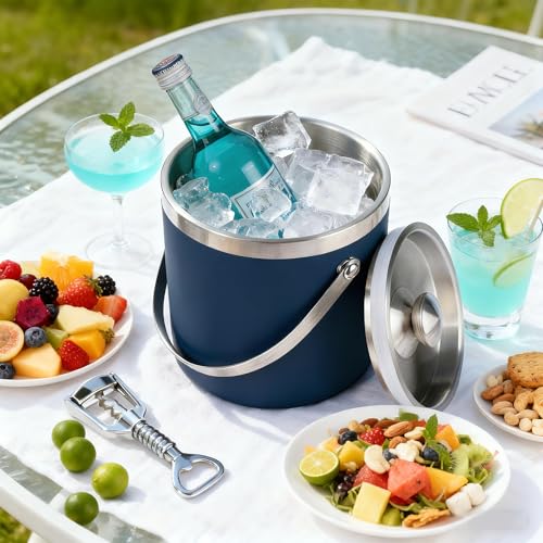 3L Double-Wall Insulated Stainless Steel Ice Bucket with scoop for Cocktail Bar - Metal Ice Bucket for freezer with Lid fo...