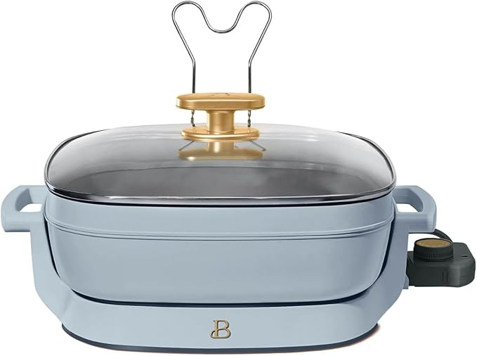 Beautiful 5-in-1 Electric Skillet 7QT, Cast Aluminum Extender, Nonstick, 1500W, Dishwasher-Safe Lid, Slow Cook, Steam (Cornflower Blue)