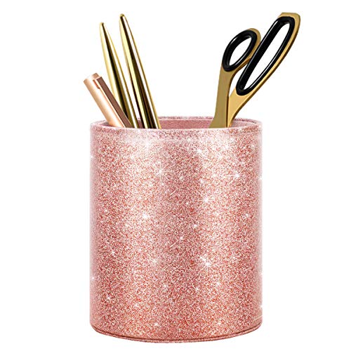 WAVEYU Pen Holder for Desk, Pencil Cup Pink Glitter Bling for Women Girls, Luxury Makeup Brush Holder Large Pu Leather Mul...