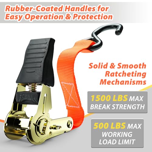 Ratchet Tie Down Strap 8-Pack 15 Ft - 500 lbs Load Cap with 1500 lbs Breaking Limit, Ohuhu Ratchet Tie Downs Logistic Carg...