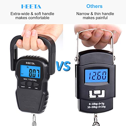 HEETA Fish Scale with Backlit LCD Display, Up to 110lb/50kg Digital Portable Hanging Fish Weight Scale with Hook & Measuri...