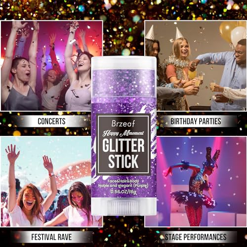 Brzeaf Purple Glitter Stick for Makeup, Not Greasy & Shimmery & Long Lasting, Chunky Glitter for Face/Body/Hair/Eyes, Sing...