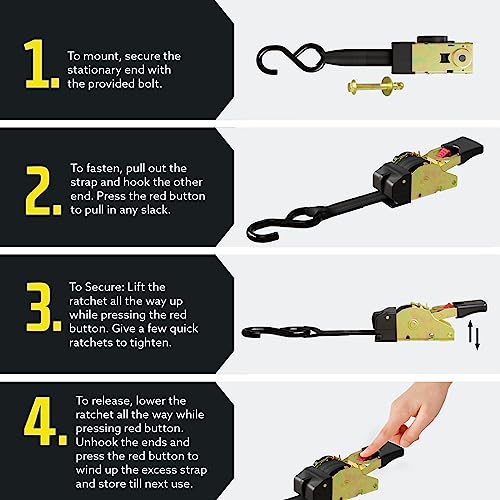DC Cargo Mall Bolt-on Auto Retractable Ratchet Straps (2-Pack) 1” x 9ft, Heavy Duty, 1,200lb Break Strength – Tie Down Str...
