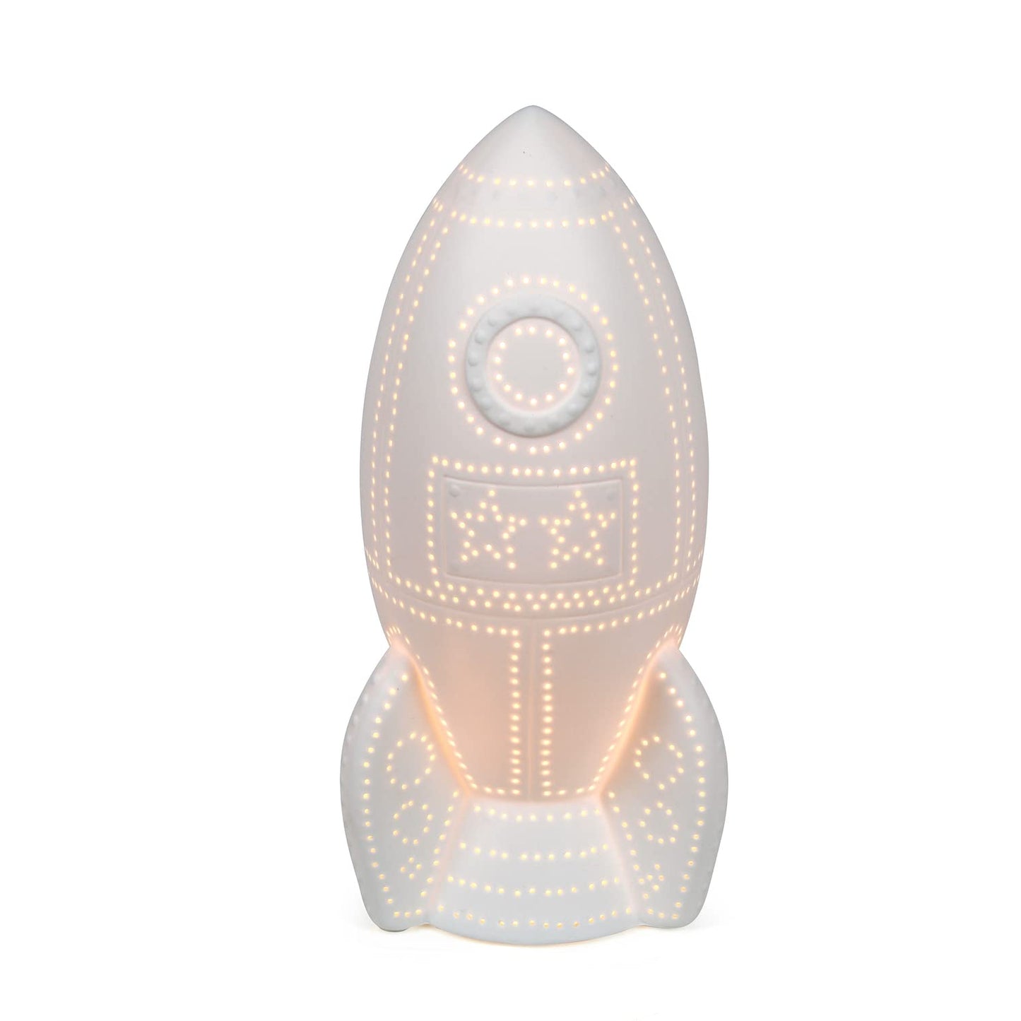 Simple Designs Table Lamp, Porcelain Rocket Ship, 6inL x 5.75inW x 12.5inH, White, Model LT2095-WHT