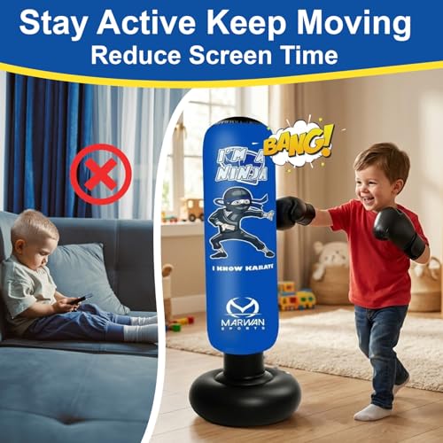 Marwan Sports 5-in-1 Inflatable Punching Bag for Kids – 63" Karate Toy Set with Boxing Gloves, Durable Fast Rebound, Activ...