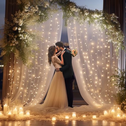 White Sheer Tulle Backdrop Curtain with Lights String- Wedding Backdrop Decorations for Reception Ceremony Home Party Phot...