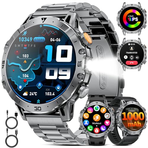 SUNKTA Smart Watch for Men(3 Bands),1.7" HD Large Display/1000mAh Smart Watches with LED Flashlight for Android iOS (Call ...