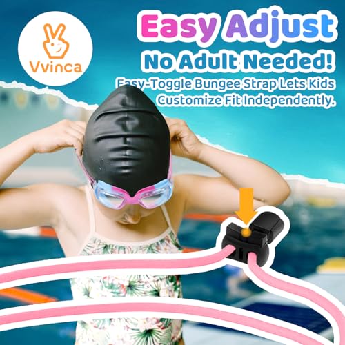Vvinca Goggles for Kids 6-14 with Bungee Strap 2pc, Toddler Kids Swim Goggles for Swimming 8-12 No Hair Pulling for Boys Girl
