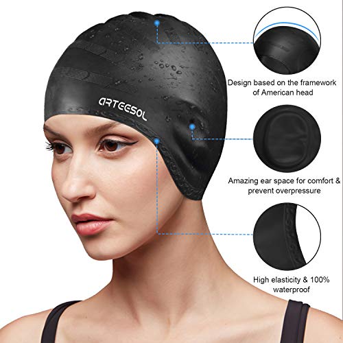 Silicone 3D Ear Protection Swim Cap - Latex-Free Non-Slip Waterproof for Long Hair/Thin Braids, Chlorine Resistant Tear-Re...