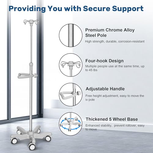 IV Pole with Wheels Medical Portable IV Stand Pole, IV Bag Stand with Removable IV Bag Holder, Adjustable Height Pole, 4 H...
