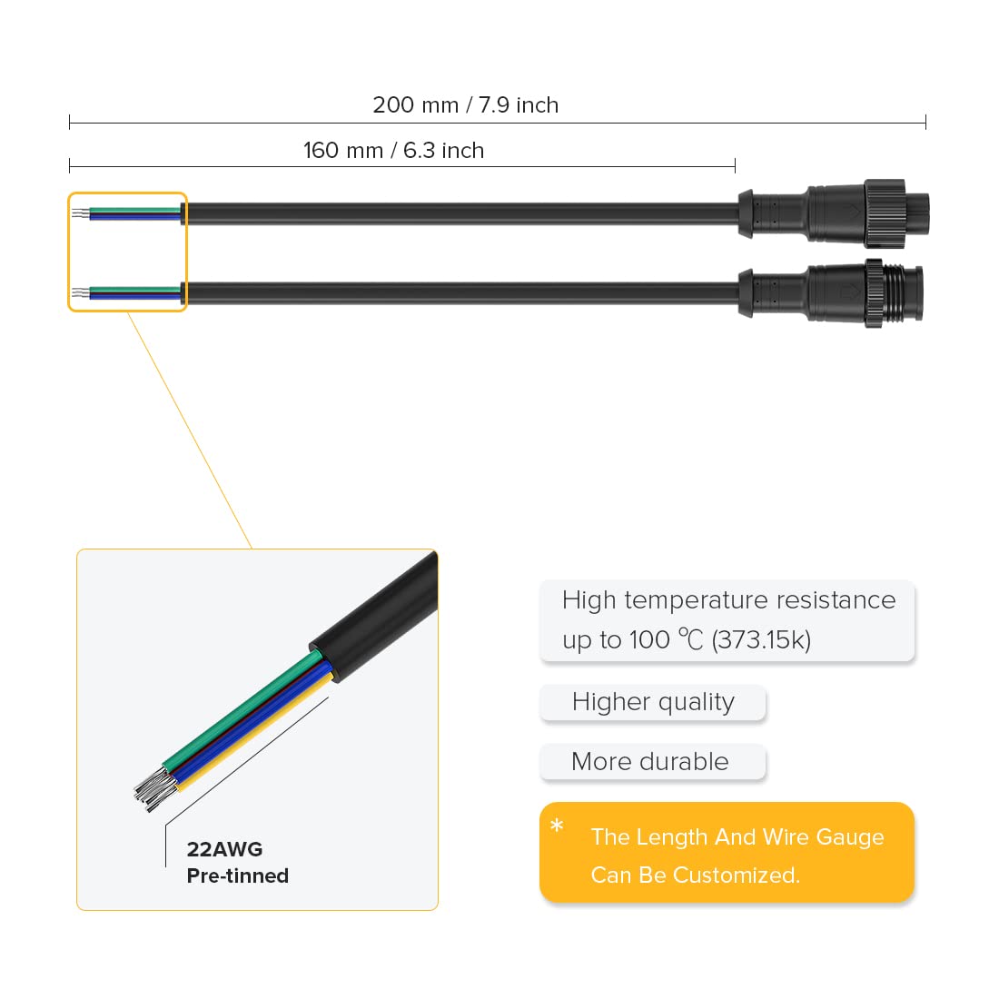 Btf-Lighting 5 Pin Electrical Metal Nut Connector 22Awg Ip67 Male Female Connector 7.87In/20Cm Extension Cable For Car Truck Boat Indoor/Outdoor Led Strip Lights/String 22Mm Metal Nut Big Size