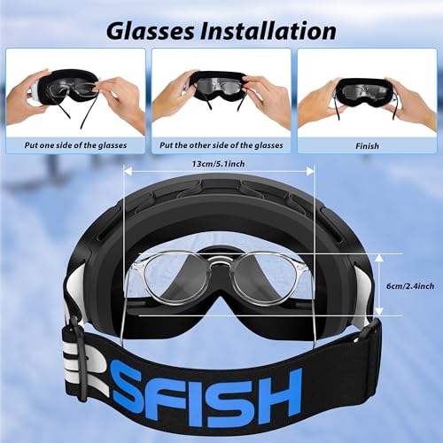 AirsFish Ski Goggles, Magnetic Side-Clip Snowboard Goggles Over Glasses -OTG Anti Fog 100% UV 400 Protection