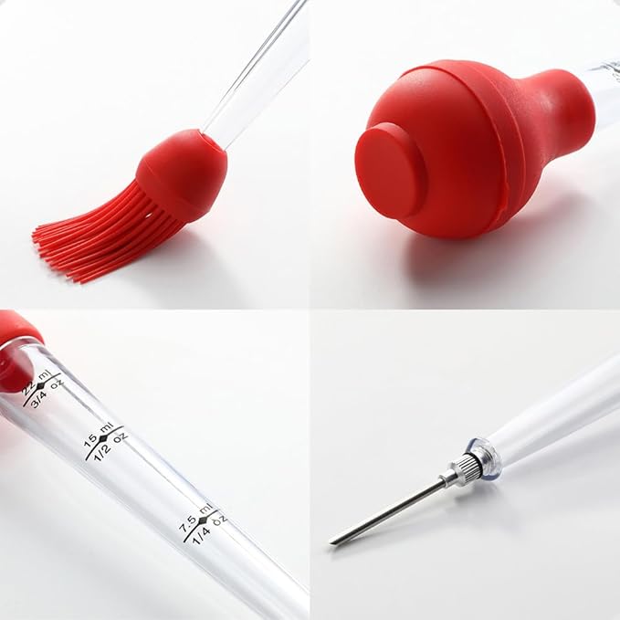 Turkey Baster Syringe Large, Long Meat Basters for Cooking & Basting, Plastic Turkey Baster with Marinade Injector Needle, Silicone Bulb & Basting Brush and Cleaning Brush, Red 3/4 oz