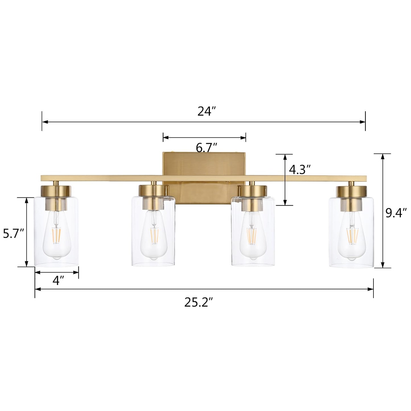 A1A9 4 Light Bathroom Vanity Light Fixtures, Brushed Brass, Clear Glass Shade, 4-Lights, Model NF-22405BR, Gold