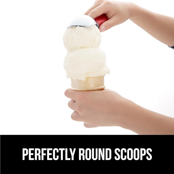 GORILLA GRIP BPA-Free Heavy Duty Ice Cream Scoop, Comfortable Ergonomic Handle, Professional Grade Scooper for Perfect Round Scoops, Spoon Frozen Hard Gelato, Sorbet, Cookie Dough, Kitchen Tool, Red