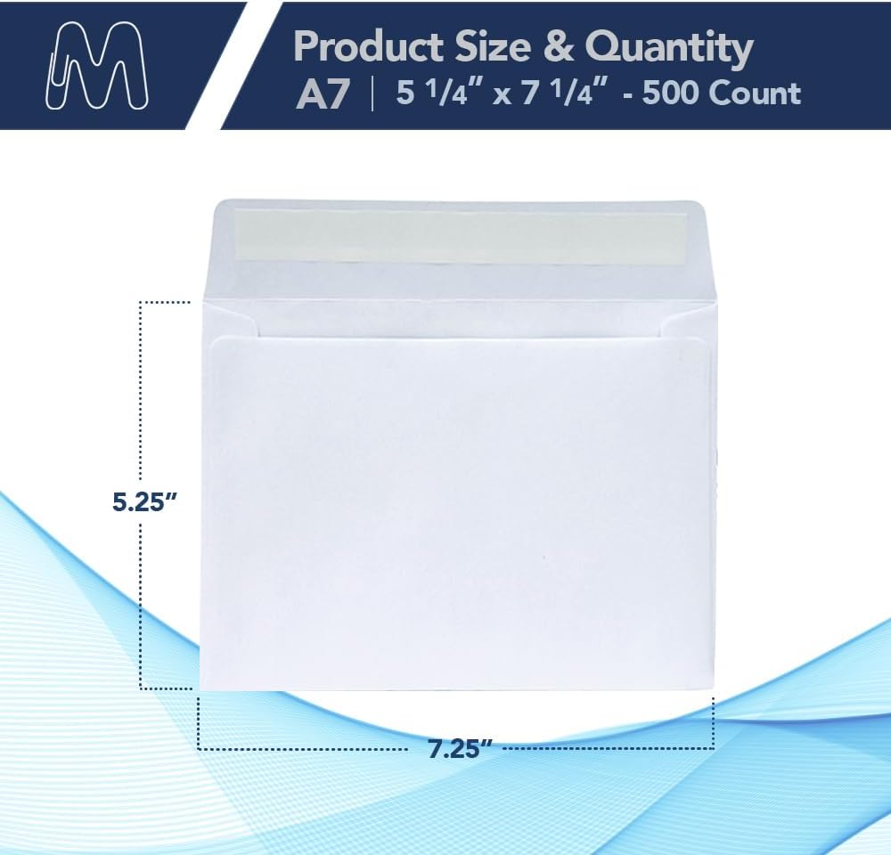 MOS A7 Envelopes 5.25 x 7.25 Inch 500 Pack — White Self-Seal Heavyweight Invitation Envelopes for Weddings, Greeting Cards, Photos, Thank You Cards, Business Mailings