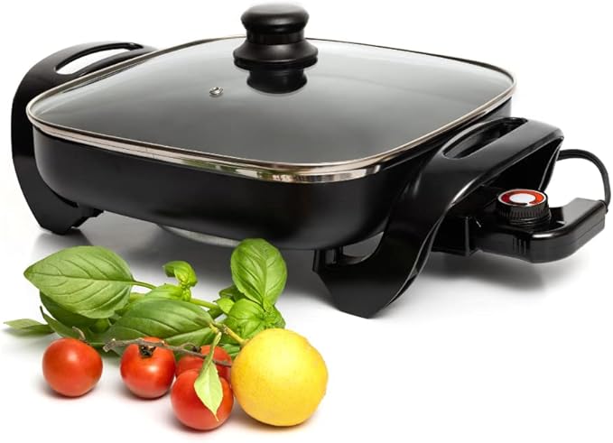 Moss & Stone Square Nonstick Electric Skillet With Lid, Aluminum 12x12 Inch Electric Frying Pan 5Qt, Nonstick Cooking Surface, Adjustable Temperature Control, Vented Glass Lid, Heat-Resistant Handle