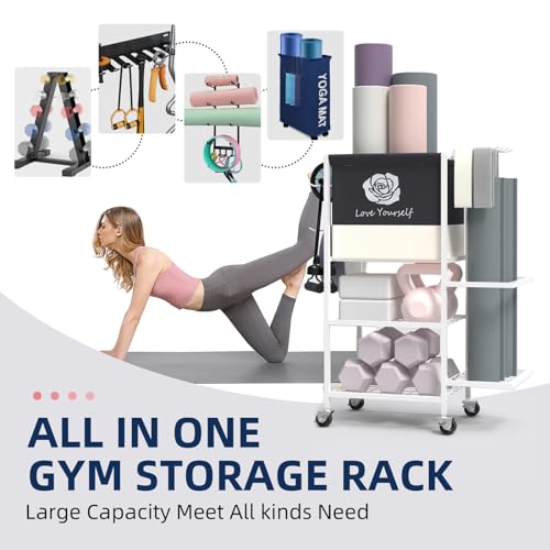 Yoga Mat Storage Rack，Home Gym Storage Rack Gym Workout Equipment Storage Organizer Fitness Weight Rack on Wheels for Yoga...