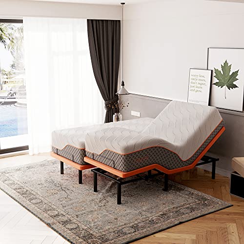Split King Adjustable Bed Frame with Mattress - 14” Luxury Hybrid Mattress, Smart APP Contorl, Massage, Zero Gravity, Ant...