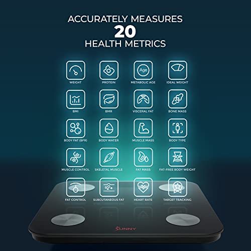 Sunny Health & Fitness 20 Metric Advanced Body Fat Composition BMI Scale with Health Tracker & Analyzer App - Smart Bathro...
