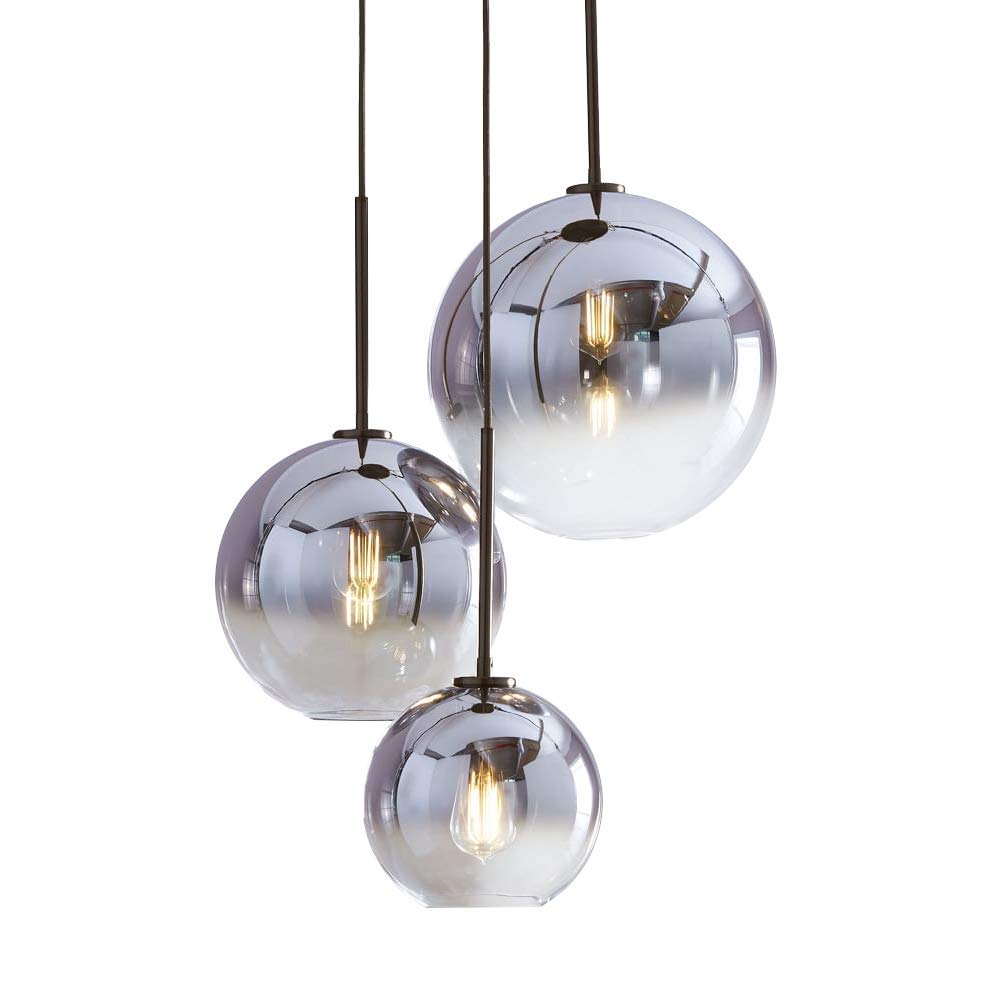 MZStech H XD GLOBAL 3-Light Globe Pendant Light, Silver Glass Chandelier for Kitchen Island, 35cm