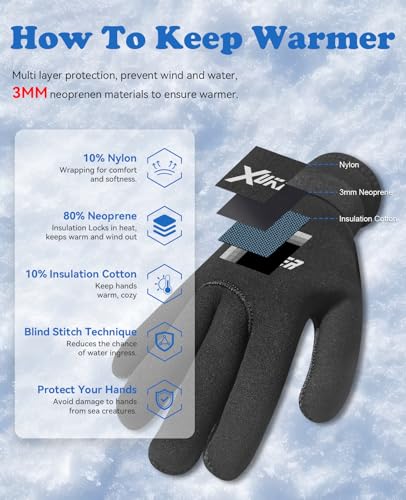 XUKER Neoprene Water Gloves, Winter Fleece-Lined 3mm Five Finger Warm Wetsuit Winter Gloves for Scuba Diving Snorkeling Su...