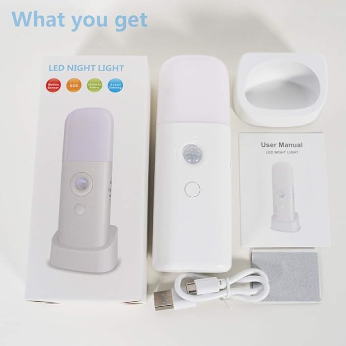 Motion Sensor Night Light, Dimmable Night Lights with 5 Brightness Levels, 2000mAh Rechargeable Battery Operated Light, Portable Motion Sensor Light for Kids Room, Bedroom, Hallway