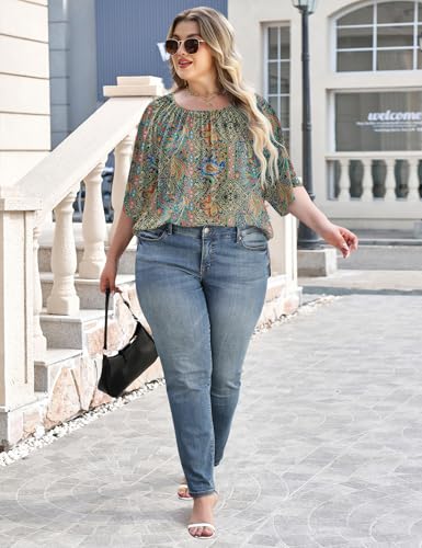 LOMON Womens Plus Size Tops Summer 3/4 Length Sleeve Crewneck Blouses Dressy Casual Loose Curvy Flowy Tunic Shirts 1X-5X