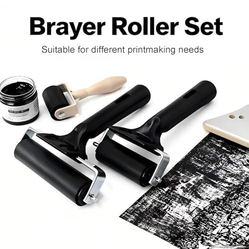 3-Pack Hard Rubber Brayer Rollers, 1.4/2.4/4 Inch for Printmaking, Ink Stamping, Gluing, Wallpaper, Anti-Skid Tape Applica...