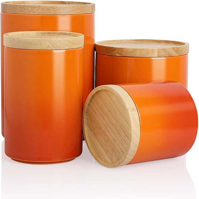 Sweejar Kitchen Canisters Ceramic Food Storage Jar Set, Stackable Containers with Airtight Seal Wooden Lid for Serving Ground Coffee, Tea, Herbs, Grains, Sugar, Salt - Set of 4 (Gradient Orange)