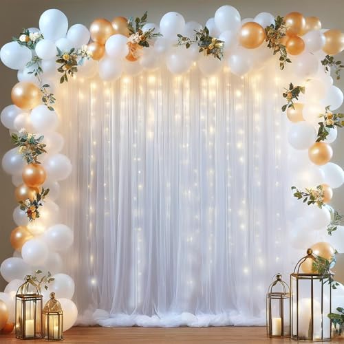 Realparkly White Tulle Backdrop Curtain with Lights, Elegant Sheer Photo Backdrop Drapes, Soft Fabric & LED Curtain for We...