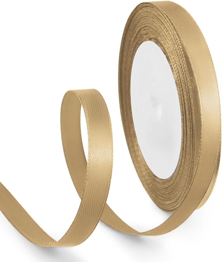 3/8 Inch 25 Yards Satin Ribbon Gold, Solid Color Fabric Ribbon for Gift Wrapping, Wedding, Polyester Gift Ribbon for Birthday Party Decoration, Craft, Hair, Floral, Sewing