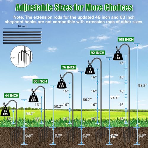 FEED GARDEN Adjustable Shepherd Hook Bird Feeder Pole with 7 Prongs Base, 108 Inch Tall 5/8 Inch Thick, Heavy Duty Outdoor...