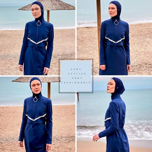 Islamic Full-Length Modest Swimsuit for Muslim Women | 4 PCS Burkini Set Top Pants Cap Bustier | Long Sleeve Rash Guard