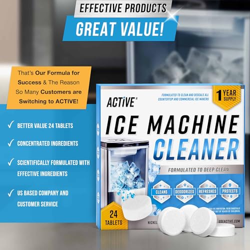 ACTIVE Ice Machine Cleaner Maker Descaler - 24 Clean Tablets Compatible with Frigidaire, Opal, GE Profile, Kitchenaid, Nic...