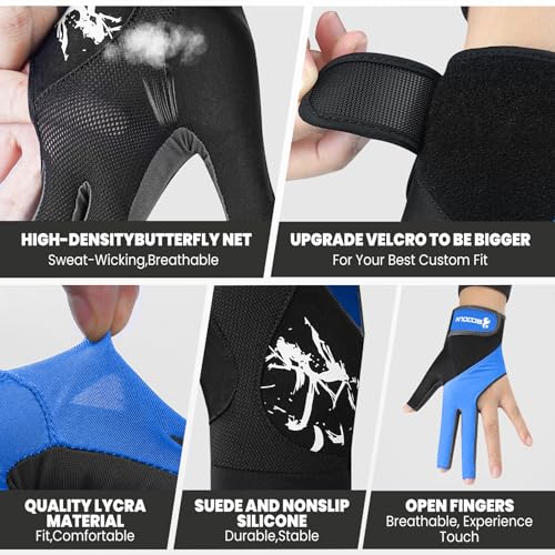 YFY Billiard Pool Gloves for Left Hand 3 Finger, Splicing Process, Snooker Cue Sport Glove Popular Sizes for Men & Women