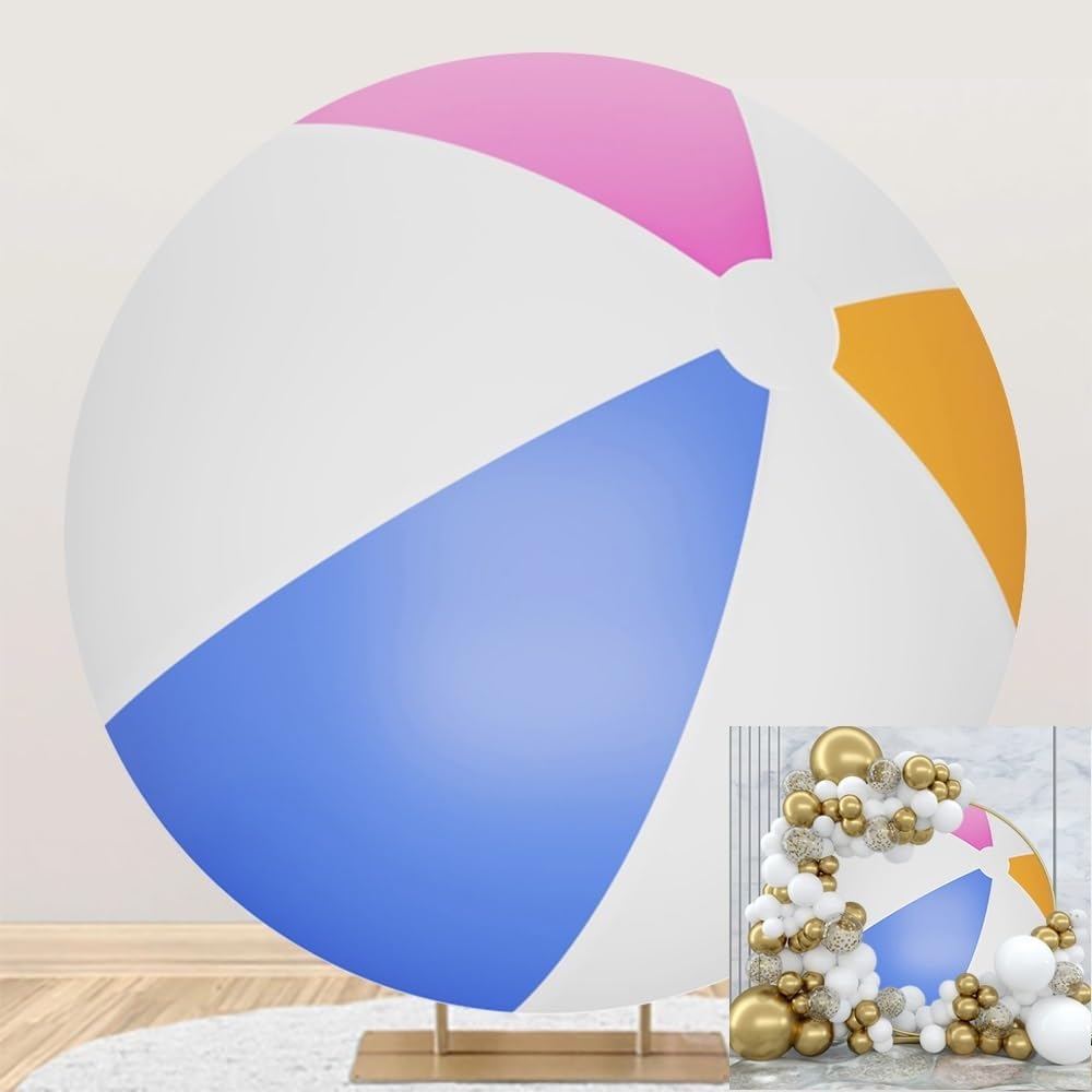 Leyiyi 7.5x7.5ft Beach Ball Round Backdrop Cover Polyester Swimming Pool Ball Backdrop for Pool Party Summer Beach Ball Decoration Newborn Kids Birthday Party Cake Table Banner Photo Booth Props