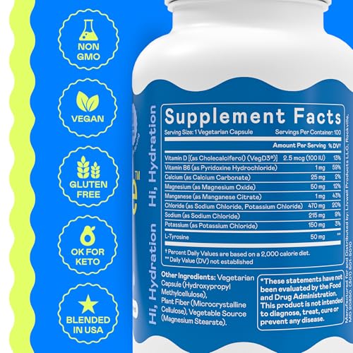 Hi-Lyte Unflavored Electrolyte Capsules - Hydration Support Supplement Tablets - Sodium, Potassium, Magnesium - 100 Servings