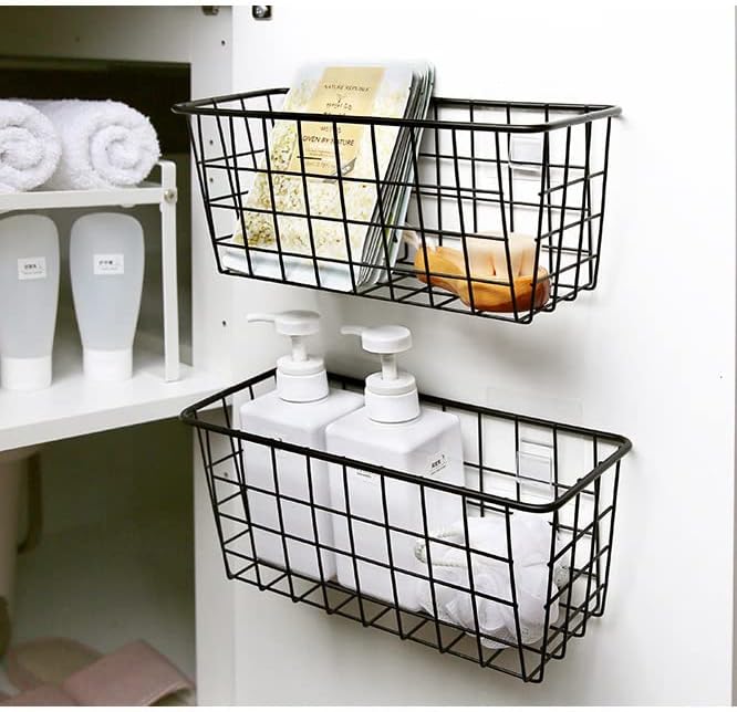 Hanging Kitchen Baskets Adhesive Sturdy Wire Storage Baskets with Kitchen Food Pantry Bathroom Shelf Storage No Drilling Wall Mounted,Black,2 Pack