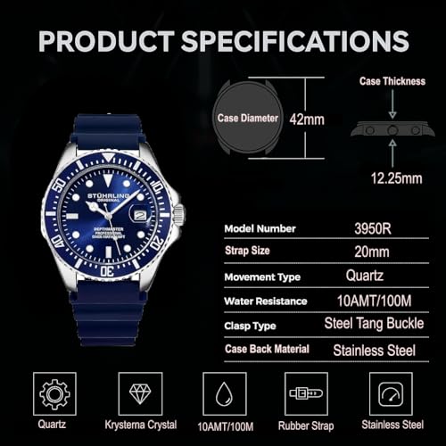Stuhrling Original Men's Watch Dive Watch Silver 42 MM Case with Screw Down Crown Rubber Strap Water Resistant to 330 FT